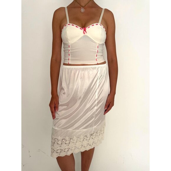 y2k vintage white pink lace ribbon cropped bustier corset crop top made in Italy - Picture 2 of 9